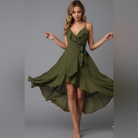 Ruffle Trim Spaghetti Strap Dress Green - Picture 2 of 10